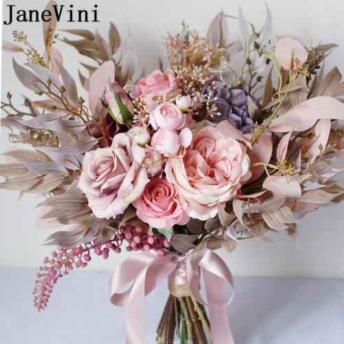 JaneVini 2020 Vintage Pink Wedding Flowers Bridal Bouquets Ramo Artificial Fake Flower Roses Leaves Wedding Brooch Bride Bouquet