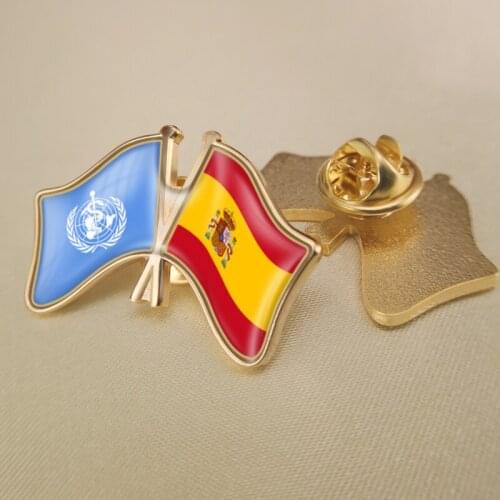 World Health Day and Spain Crossed Double Friendship Flags Lapel Pins Brooch Badges