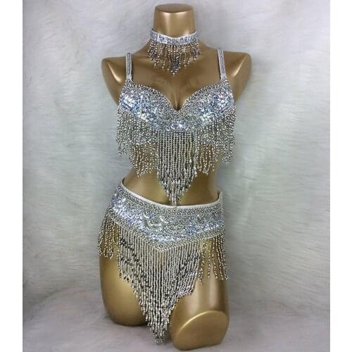 Wholesale belly dance costume 3pcs/set(BRA+BELT+NECKLACE) GOLD&SILVER white 4 COLORS #TF201,34D/DD,36D/DD,38/D/DD,40B/C/D,42D/DD