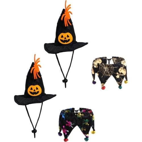 2 Styles Cat Costume for Halloween Cosplay Costume with Pumpkin Hat and Skull Collar Cat Costumes Photo Props Headwear
