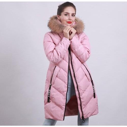Women newest hooded long duck down jacket with big fur collar female fashion warm coat casual oose popular winter lady jackets