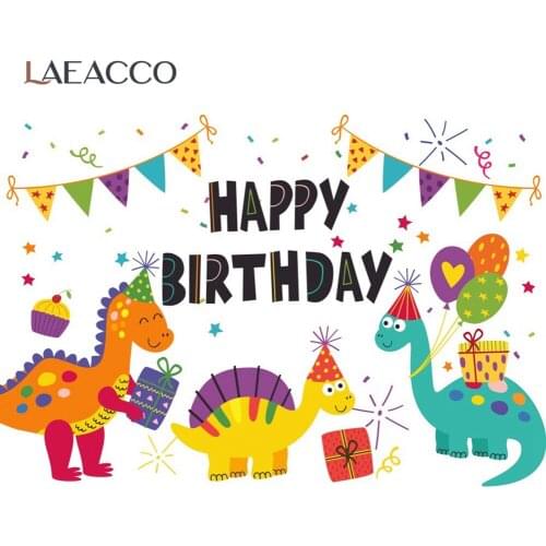 Laeacco Baby Cartoon Happy Birthday Party Dinosaur Celebration Flags Child Photocall Poster Photo Background Photo Backdrops