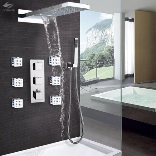 Uythner Wall Mount Thermostatic Bathroom Rain Waterfall Shower Faucets Chrome Shower Set Bathtub Shower Mixer Faucet Tap