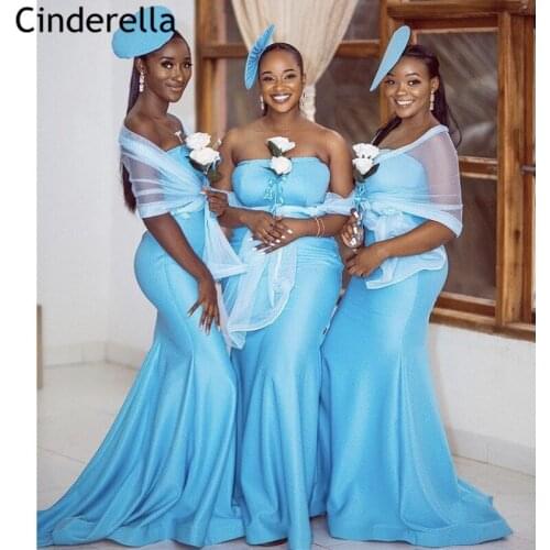 Bridesmaid Dresses 2021 Baby Blue Sleeveless Satin Zipper Back Mermaid Bridesmaid Dresses With Cap Wedding Party Dresses