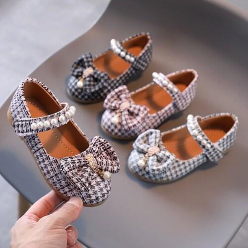 Spring Autumn Girls Shoes Plaid Jacquard Fabric Mary Janes Shoes Kids Beading Princess Shoes Bowtie Dancing Show Pearls Toddlers