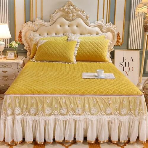 Super Soft Crystal Velvet White Lace Ruffles Quilted Zipper Removable Bed Skirt Mattress Cover Bedspread Pillowcases Bedding Set
