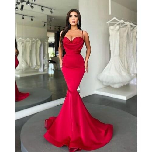Gorgeous Red Evening Dresses For Women Party Beaded Sexy Spaghetti Straps Mermaid Prom Gowns Long Dinner Dress