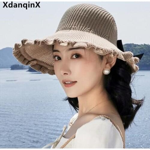 XdanqinX Summer Womens Panama Hat Empty Straw Hats Breathable Sun Hat Foldable Sun Protection Oversized Brim Female Beach Hat