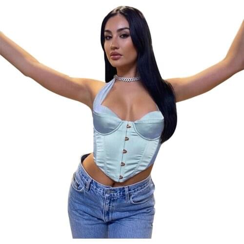 Y166 Women Sexy Halter Satin Bustier Crop Top Lace-Up Corset Camisole Boned Bodice