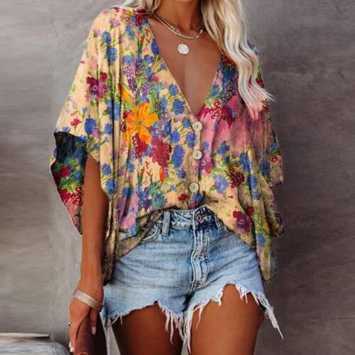 Women Shirt Digital Print Batwing Sleeve Summer V Neck Single-breasted Blouse Top Streetwear