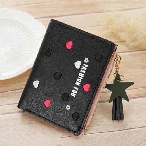 Womens Zipper Short Wallet Korean Female Embroidery Shape of Love Tassel Coin Purse Ladies Leather Pocket Money Card Holder
