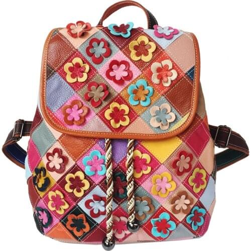 Female Multi-color Genuine Leather Backpack 2021 Tide Lady Floral Vintage String Real Leather Knapsack College School Book Bag