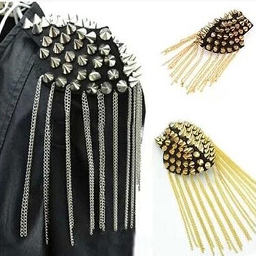 Golden Rivet Brooch Spike Tassel Epaulet Shoulder Board Mark Unisex Punk Jewelry