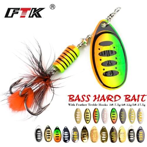 FTK 1pc Spinner Bait 7.5g 8g 8.5g 12g 13g 14g 15g 17.5g 20g Hard Spoon Bass Lures Metal Fishing Lure With Feather Treble Hooks