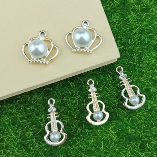 10pcs Pearl Decor Crown Guitar Earrings Charms Fit Jewelry Making Accessory Musical Instruments Chic Gold Tone Alloy Pendants