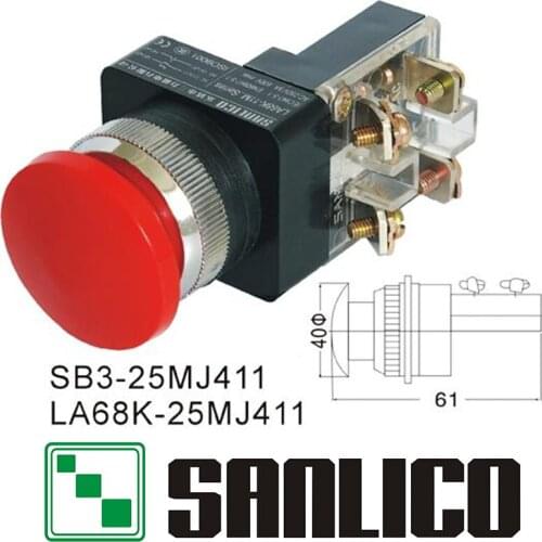 Emergency stop switch mushroom head push button switch SB3(LA68K KS PB)-25MJ411 momentary spring return 25mm