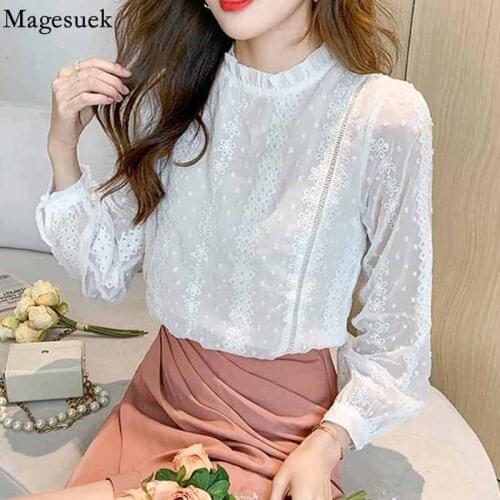 Stand Collar Long Sleeve White Women Shirt Blouse Sweet Embroidery Flower Lace Shirt Autumn Loose Casual Women Tops Blusas 16235