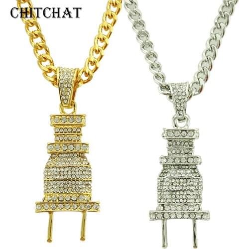 Iced Out Bling Power Plug Pendant Punk Crystal Hip Hop Cuban Chain Necklace For Man Rocker Gift