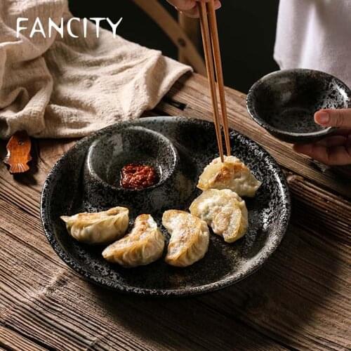 FANCITY Japanese style round ceramic tableware square dumpling plate with vinegar dish creative cold dish household dish