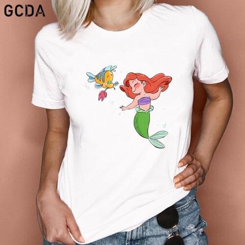 Ariel The Little Mermaid Printing Vintage Fashion Aesthetic White T-Shirt Women 90s Cute Art Tee Hipster Girls Top