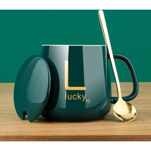 Ceramic Coffee Cup Heating Constant Temperature 460ML Student Alphabet Mug With Lid Spoon Office Water Cup Couple Coffee Mug