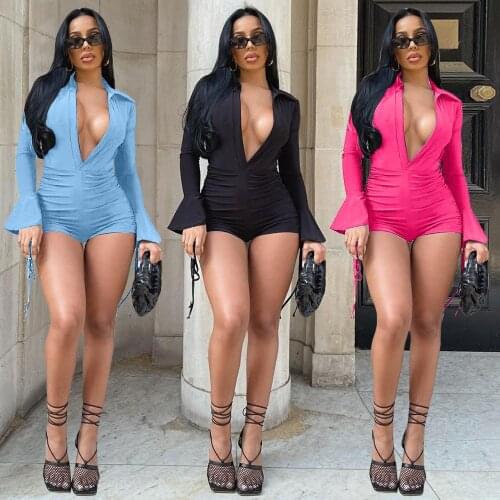 Echoine New Design Falre Sleeve Drawsting Pleated Playsuit Ruffle Sleeve V-neck Bodycon Bodysuit One Piece Party Night Clubwear