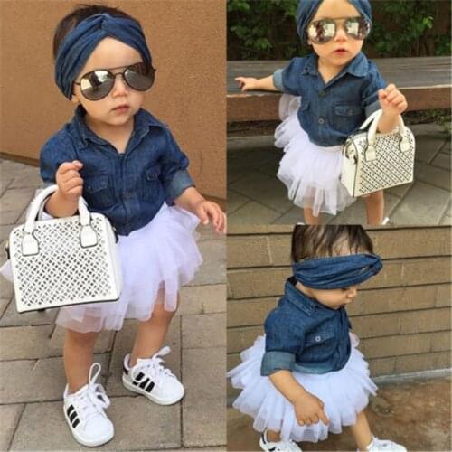 PUDCOCO New Kids Baby Girls Denim Tops Shirt+Tutu Skirts Dress Headband 3pcs Outfits Set