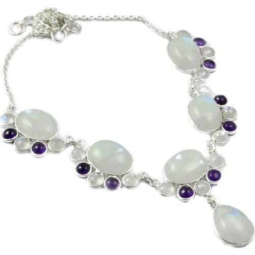 NiaoZaiFei YunZaiKan Nature Rainbow Moonstone + Amethyst Necklace 925 Sterling Silver, 43 cm, MHBNE0056