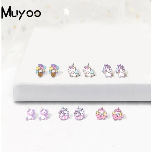 New Arrival Kawaii Unicorn Funny Pegasus Rainbow Horse in Hot Air Balloon Epoxy Acrylic Resin Stud Earrings for Kids