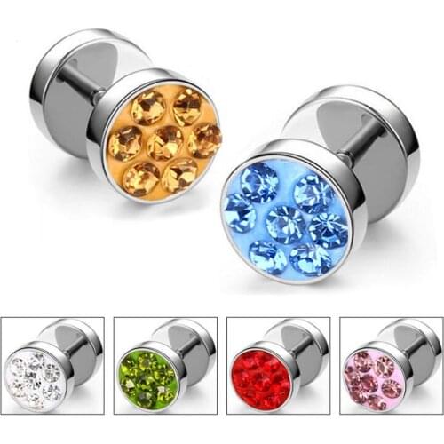 New Fashion Barbell Punk Ear Studs Trendy Round Stainless Steel Crystal Rhinestone Stud Earrings For Women or Men