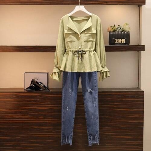 Autumn 2021 New Lady Set Womens Koreanshirt top And Jeans Outfit Female Plus Size Loose Casual Suit Two Piece Sets clothing big