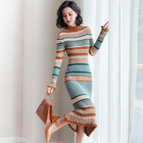 Autumn Winter Elegant Striped Sweater Dress Vintage Slim Turtleneck Long Sleeve Twist Knitted Dress Female Midi Pleated Dress