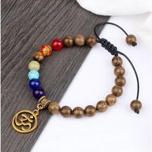 Charm 7 Chakra Aum Pendant Natural Stone Bracelet Couple 8MM Wood Tiger Eye Beads Bangle Strench Pulsera Jewelry Gift for Friend
