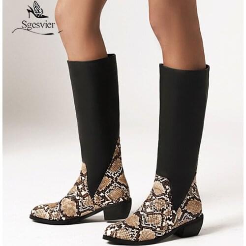 Sgesvier Womens Round Toe Snake Patter Stitching PU Leather Knee Thigh High Boots Chunky Heel Pull On Shoes Riding Plus Size
