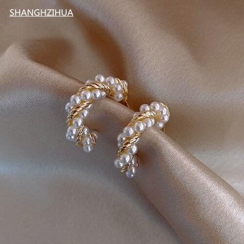 SHANGZHIHUA 2021 new geometric elements pearl twist Design Earrings party luxury Earrings sexy women jewelry Fashion Earrings