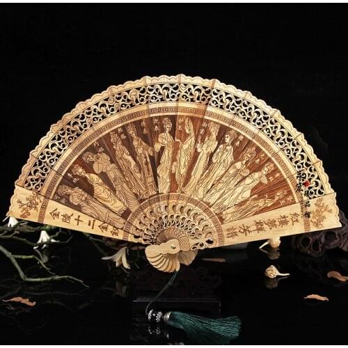 Upscale Gold Phoebe Carved Decorative Fan Hollow Out Folding Hand Fan Chinese Style Wooden Craft Home Decor Luxury Hand Held Fan