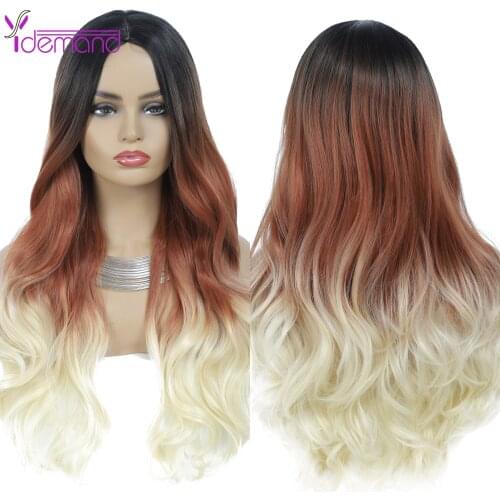 Y Demand Synthetic Wig Long Wavy Root Dark Brown Ombre-Brown Green Blue Wigs For Black White Woman Daily Party Use Wig