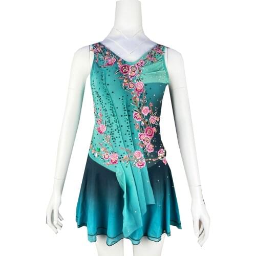 Green Figure Skating Dress Long-Sleeved Ice Skating Skirt Spandex
