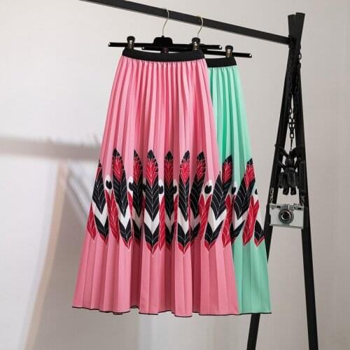Pleated Skirt Women Print Empire Elastic Women Skirt Big Swing Party Holiday high waist skirt Pleated Casual