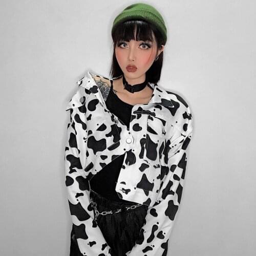 DropShipping Cow Animal Print Cropped Jacket Black White Casual Coat Women Long Sleeve Koean Thin Overcoat Autumn Streetwear