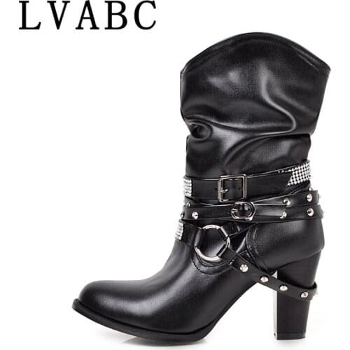 New Womens Boots High-heeled Pointed Shoes Multi-layer Buckle Back Zipper Solid Color Retro 2019 Vintage Belt Buckles Boots