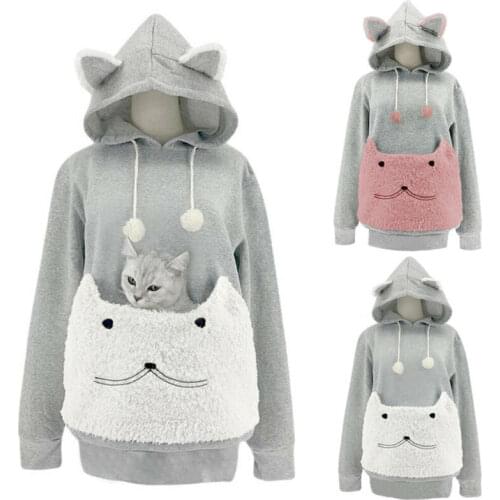 Women Hoodies Put Cat Sweatshirt Long Sleeve Loose Pullover Ear Shape Hat Ball String Print Cute Big Pocket Autumn Spring 2020