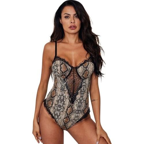 Sexy Snake Stripe Leopard Print Bodysuit Lace Female V-Neck Hollow Out Sleeveless Summer 2021 Jumpsuit Cheetah Women Clothes Top