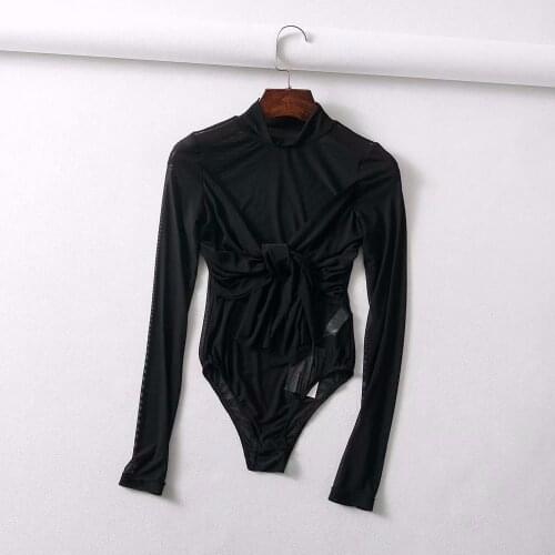 Womens Evening Party Mesh Bodysuit Ladies Romper Long Sleeve Sexy Jumpsuits Turtleneck Bodysuits Black White Jumpsuit