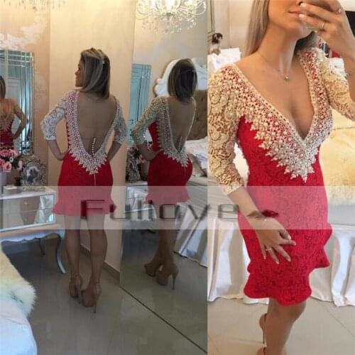 Top Quality Three Quarter Sleeve Lace Beaded Pearls Short Prom Dress 2019 Sexy V-Neck Backless Mermaid Party Gowns Vestido Curto