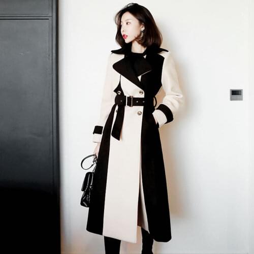2020 New Autumn Winter Korean Fashion Patchwork Long Women Clothing Woolen Wind Coat Sashes Temperament Woolens Jacket Female