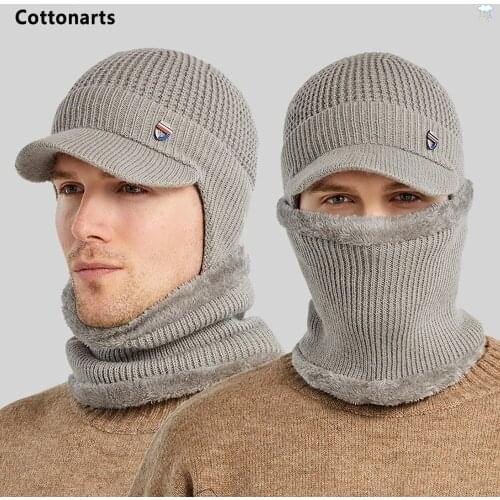 Winter Hats for Men Skullies Beanie Hat Winter Cap with Wool Scarf Set Thicken Warm Ski Balaclava Mask Gorras Bonnet Knitted Hat
