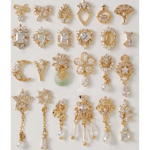 10pcs Luxury Bow Flower Chain Zircon Crystals Rhinestones Pearl Nail Art Jewelry Decorations Nails Accessories Charms Supplies