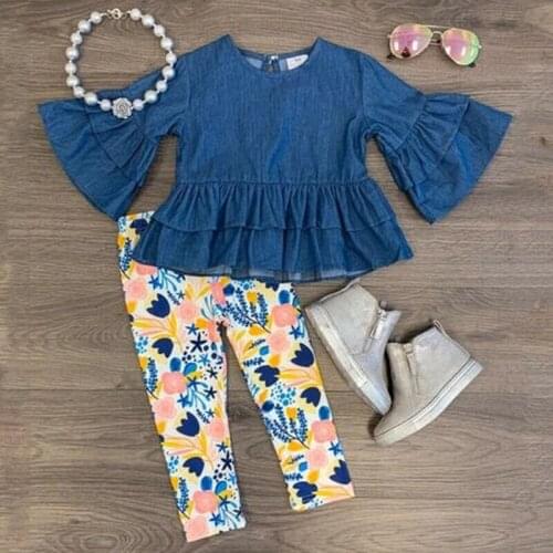 2020 New Fashion Toddler Kid Baby Girl Denim Outfits Clothes Dress Long Sleeve Tops Floral Leggings Pants