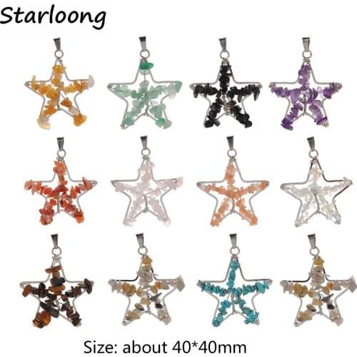 Tree of Life Handmade Wire Wrap Pentagram Pendant Natural Stone Gem Gravel Pink Quartz Tiger Eye Aventurine Bead for Necklace